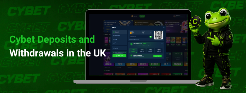 This Cybet's deposit and withdrawal screen on a laptop, showing options for crypto transactions and a frog mascot character in the UK.