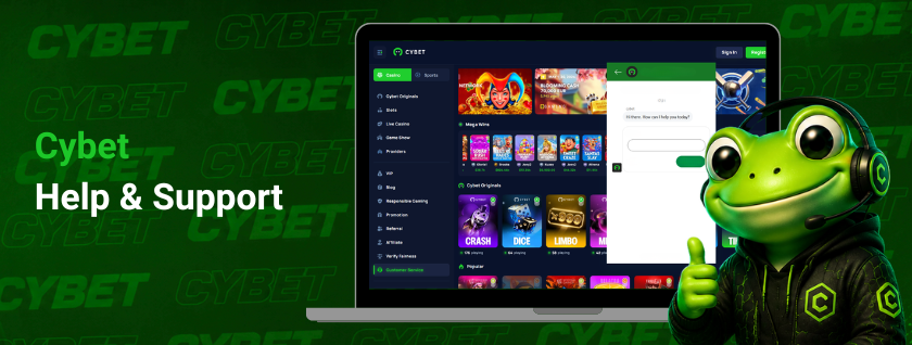 Cybet Help & Support page featuring the platform dashboard with casino games, sports betting sections, and a live chat window, alongside the Cybet frog mascot wearing headphones.