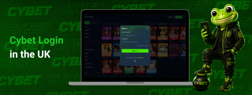 The crypto casino Cybet login page on a laptop in the UK, showing the sign-in window and a mascot frog character.