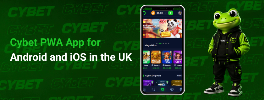 The casino Cybet PWA app on mobile for Android and iOS, showcasing the user interface with gaming options and promotions.
