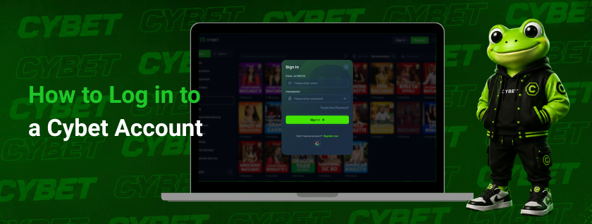 This Cybet login page on a laptop, showing the sign-in screen with a frog mascot character.