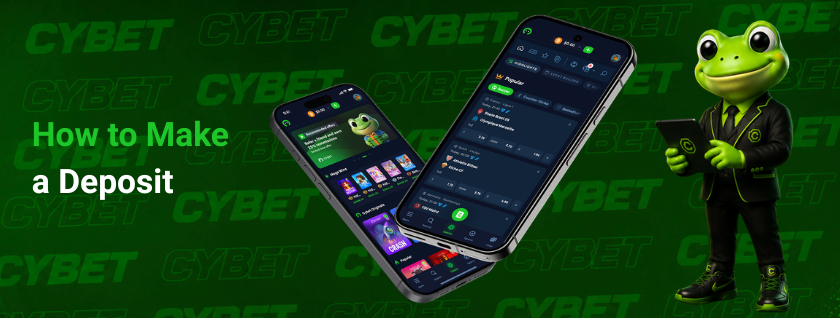 A promotional image with two mobile phones showing casino Cybet's deposit process and a frog mascot character.