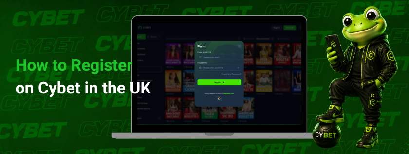 Cybet registration page on a laptop, showing the sign-up form with the frog mascot character and Cybet branding.