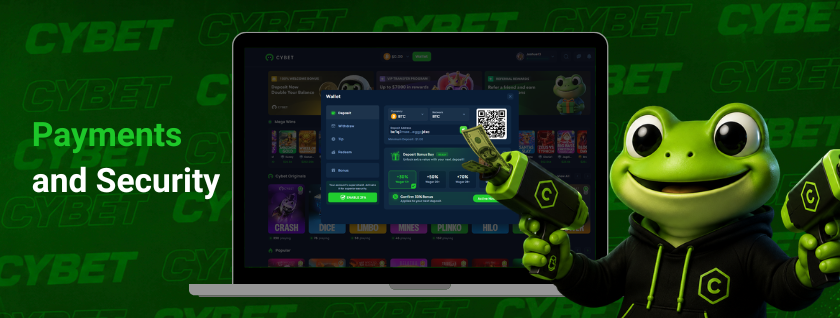 Cybet crypto platform's payment and security settings shown on a laptop with a payment process, including a QR code for secure transactions.