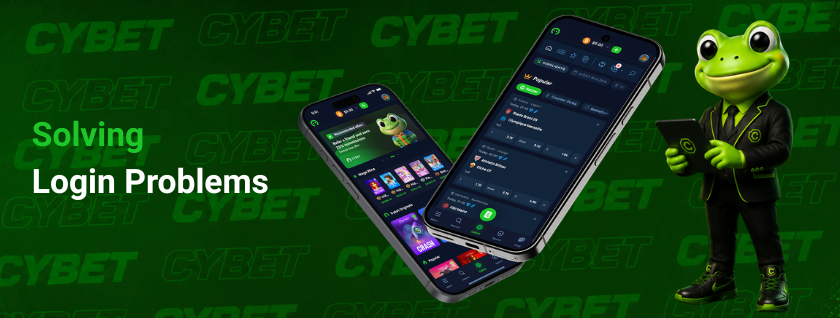 A promotional image showing two mobile phones with Cybet login screen, accompanied by a frog mascot character and text about solving login problems.