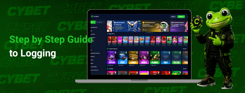 This Cybet's step-by-step guide to logging in on a laptop, with a frog mascot character and a user-friendly interface.