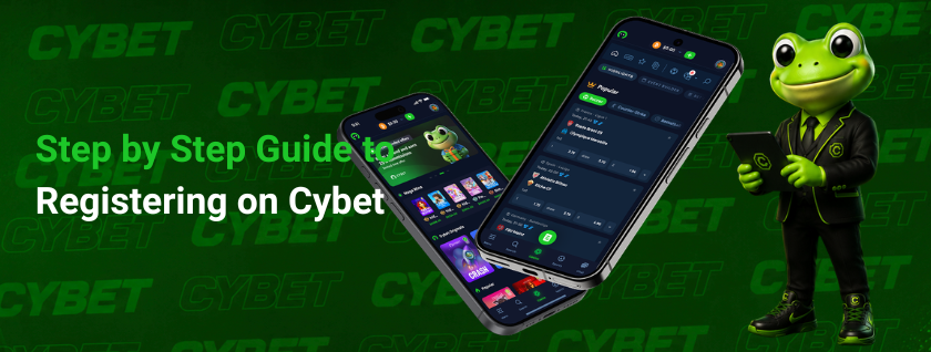A promotional image of a step-by-step guide to registering on casino Cybet, featuring two mobile phones displaying the registration screen and a frog mascot.