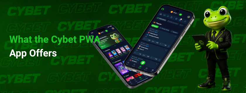 The casino Cybet PWA app offers a sleek design with a range of gaming features displayed on mobile, featuring promotions and games.