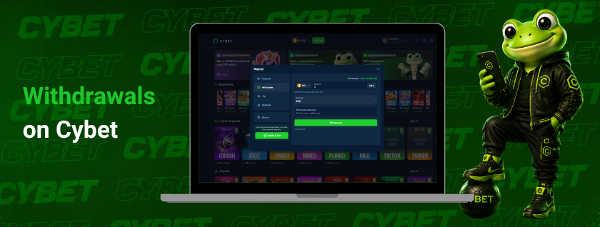 Cybet's withdrawal page on a laptop, displaying the process for withdrawing funds with a frog mascot character.